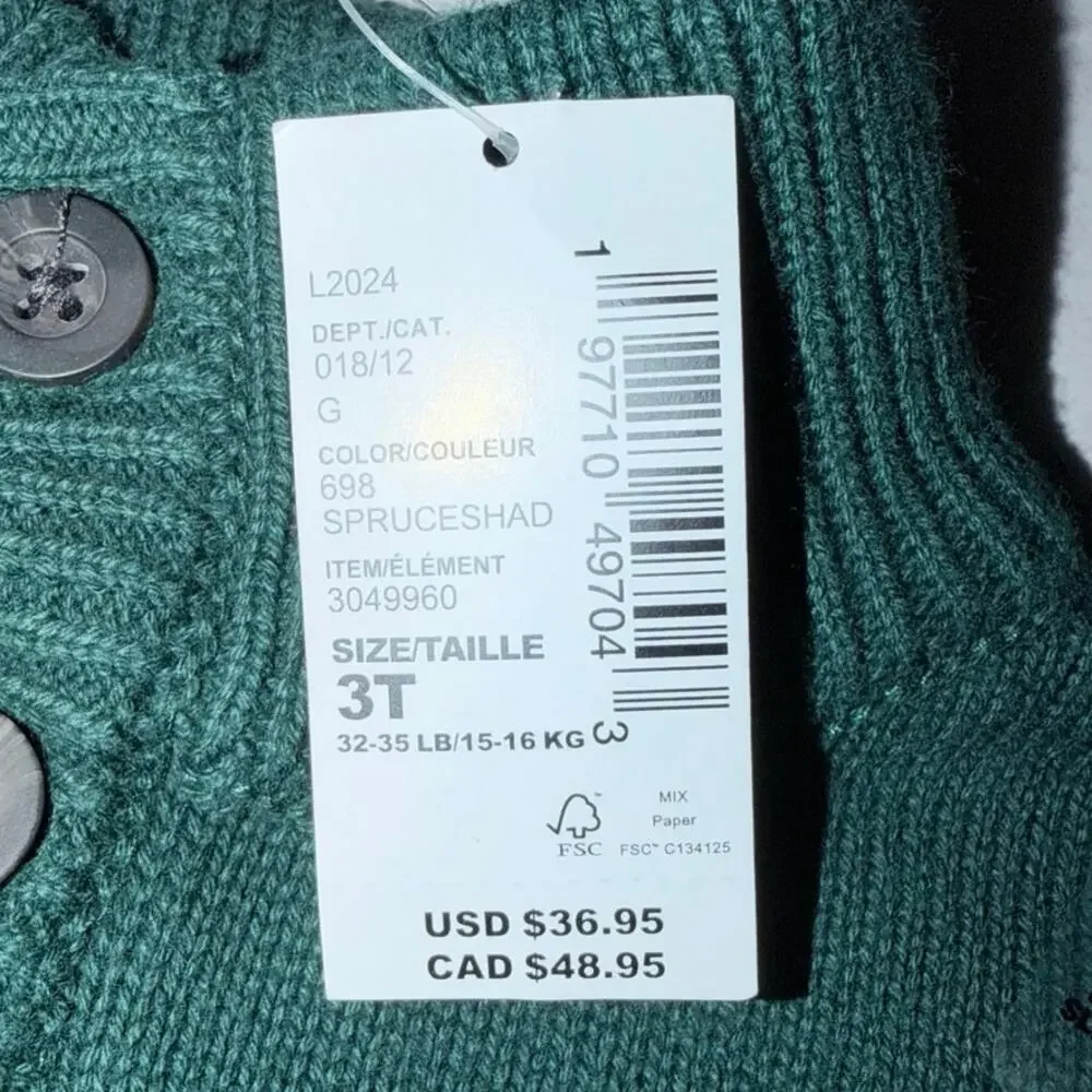 NWT toddler boys green sweater 3T button collar Choo Choo trains 100% cotton